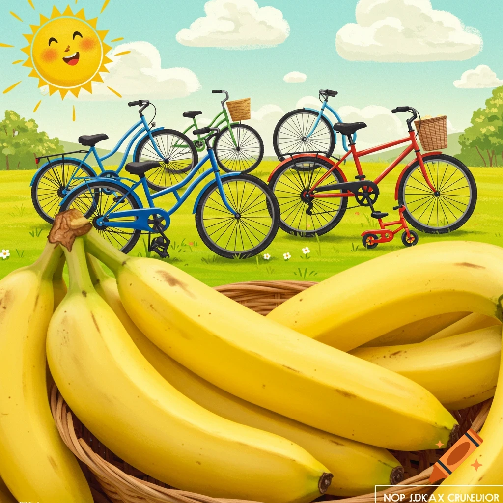 Bicycles in a field with a basket of bananas in the foreground.