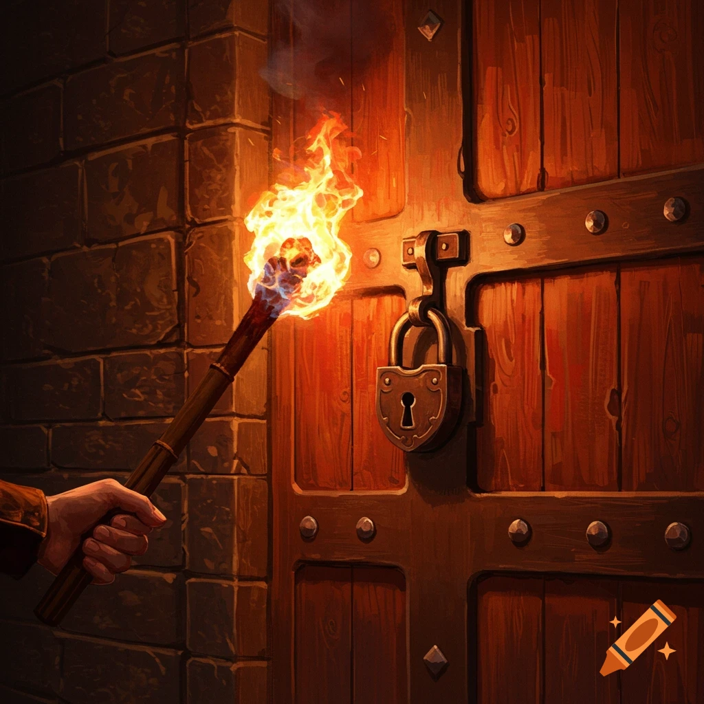 A hand holding a torch up to a large locked wooden door in a stone room.