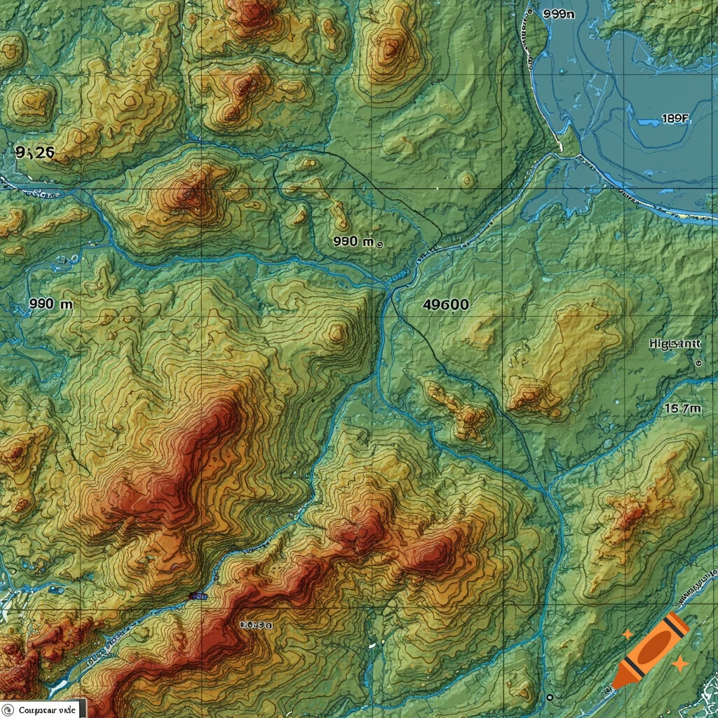 Topographic map showing contoured terrain with rivers and elevation labels.