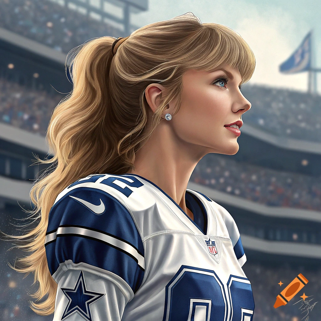 Portrait of Taylor Swift wearing a Dallas Cowboys jersey at a football stadium.