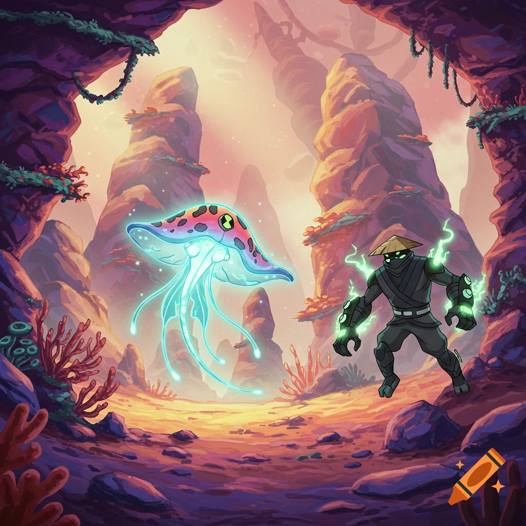 Cartoon illustration of a ninja facing a glowing jellyfish alien in a rocky, alien landscape.