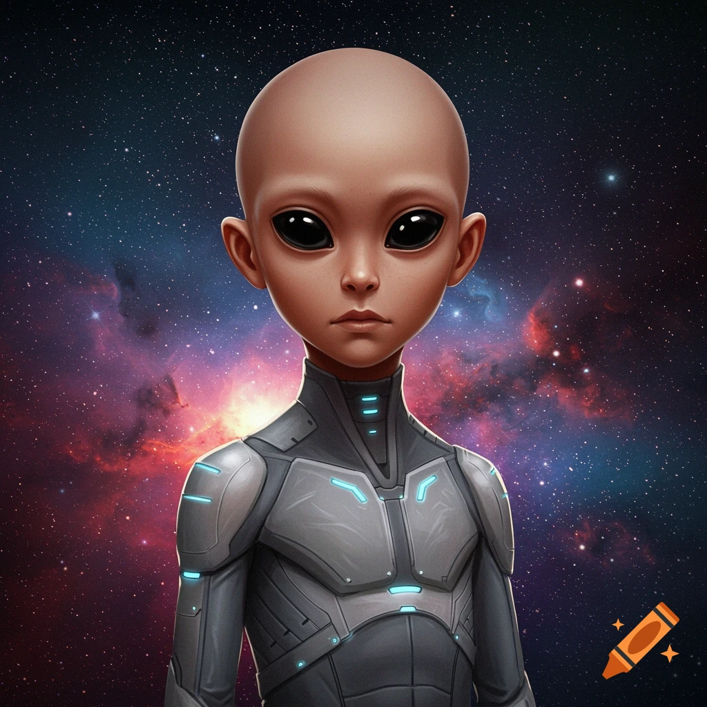A bald alien in a sci-fi suit stands against a space background.