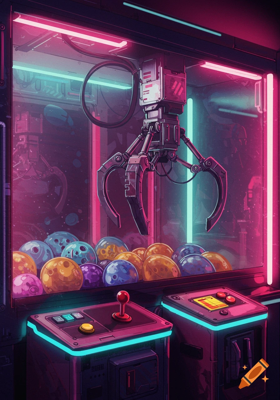 Neon-lit arcade claw machine filled with colorful spheres