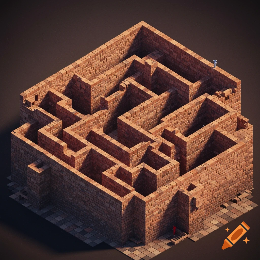 Isometric view of a detailed brick maze with small figures.