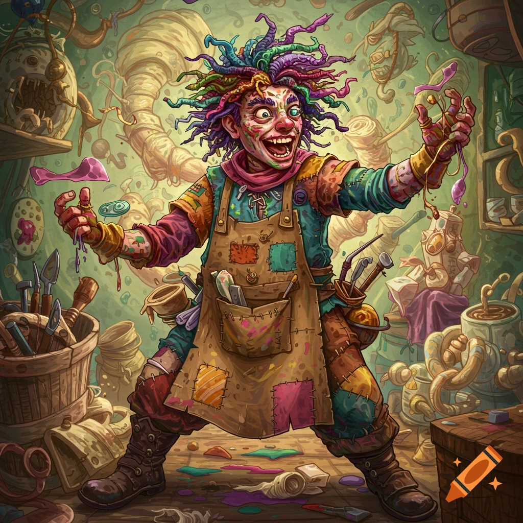 A chaotic crafter character is in a workshop.