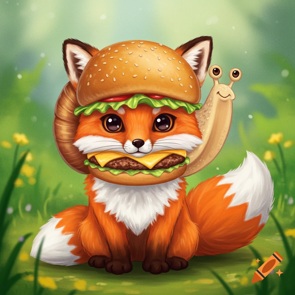 A cute cartoon fox with a cheeseburger face and a snail on its head sits in a grassy field.