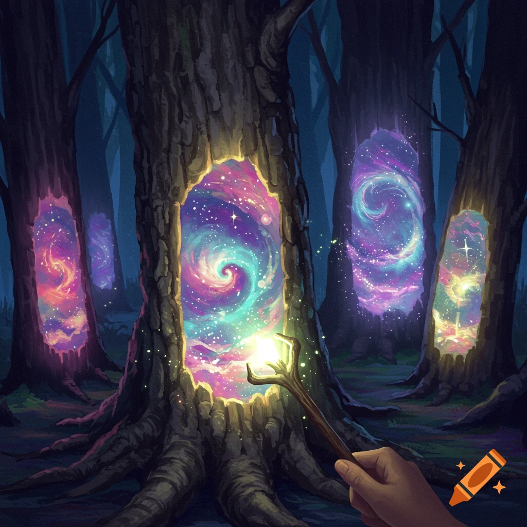 Hand holding glowing staff points at tree portal showing a galaxy in a dark forest with other cosmic portals