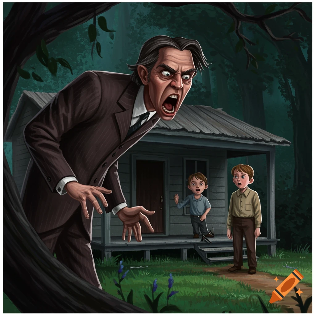 A large, angry man yells at two scared boys on the porch of a cabin in a dark forest.