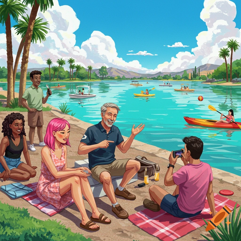 Friends hanging out by a lake with palm trees, boats, and kayaks