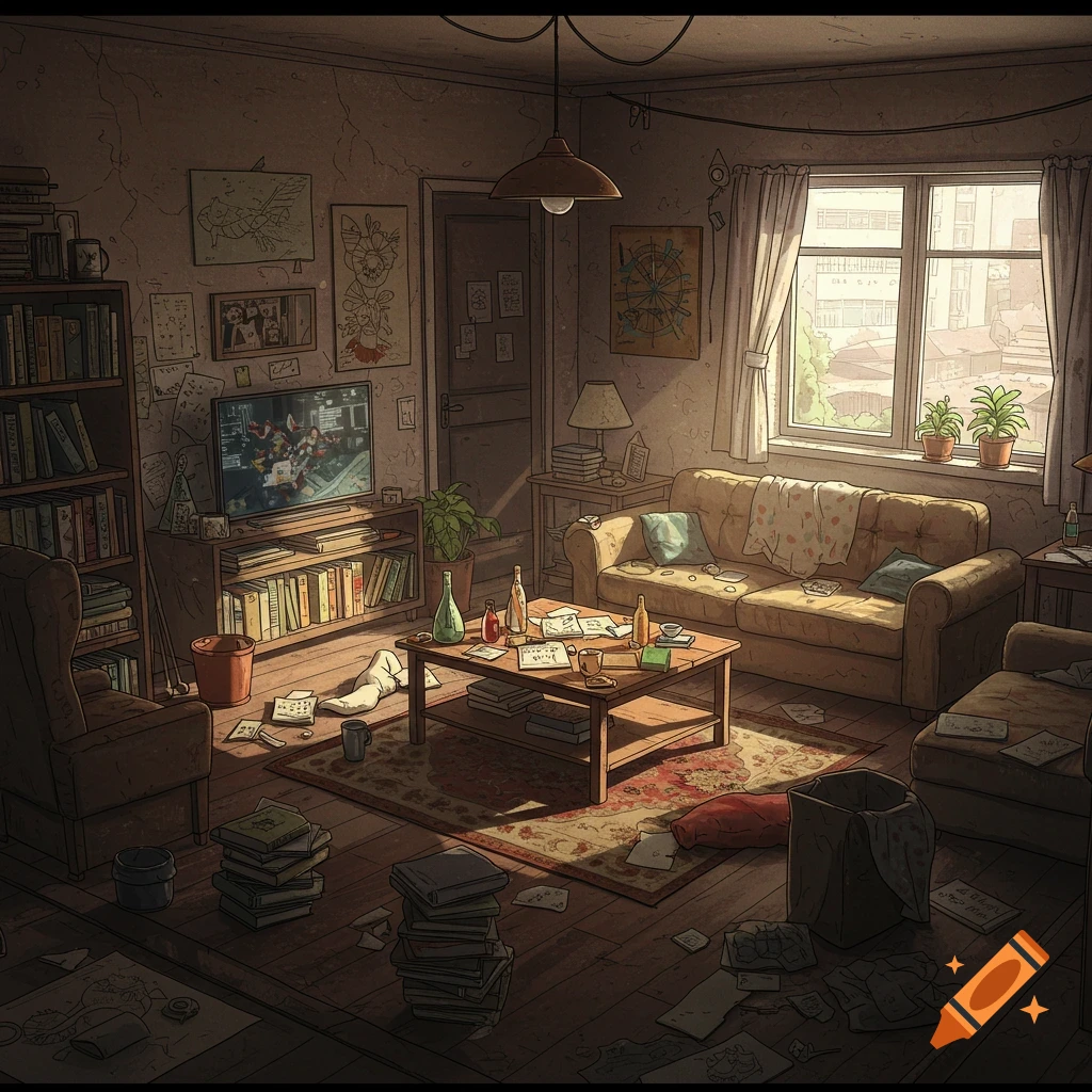 A messy apartment living room with books, papers, a couch, coffee table, and TV. Illustrated style.