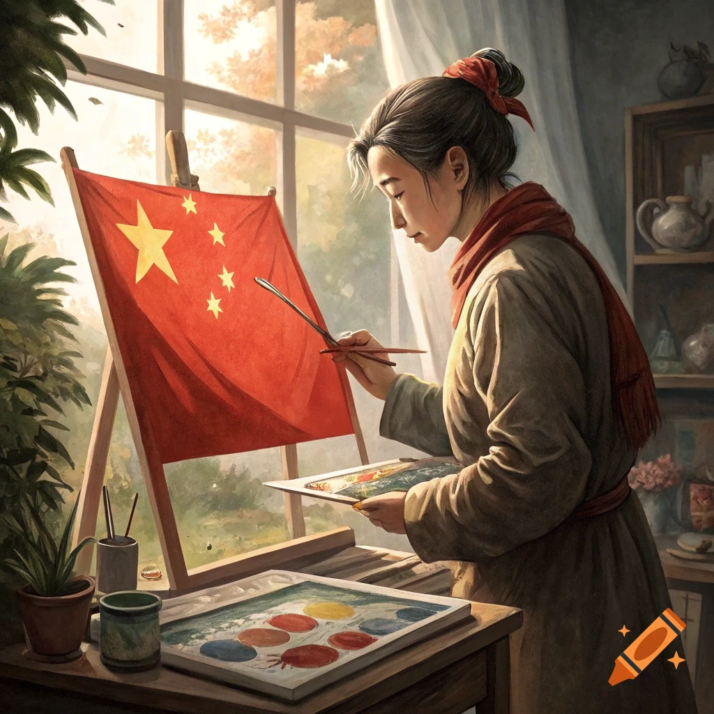Person painting a Chinese flag with watercolors