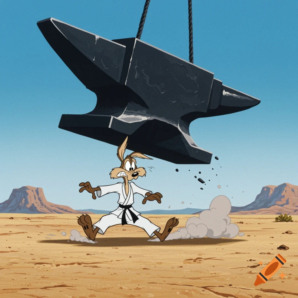 Wile E. Coyote in a karate gi is about to be crushed by a falling anvil in the desert. Cartoon style.