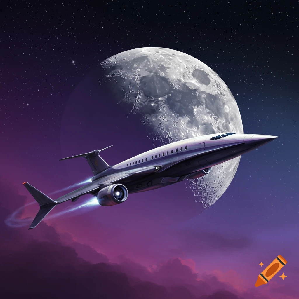 A stylized airplane flies past a large moon with purple clouds below