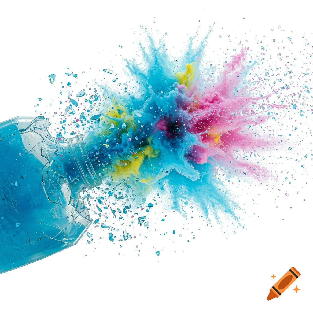 A broken blue bottle spills liquid and explodes in a burst of blue, pink, and yellow powder against a white background.