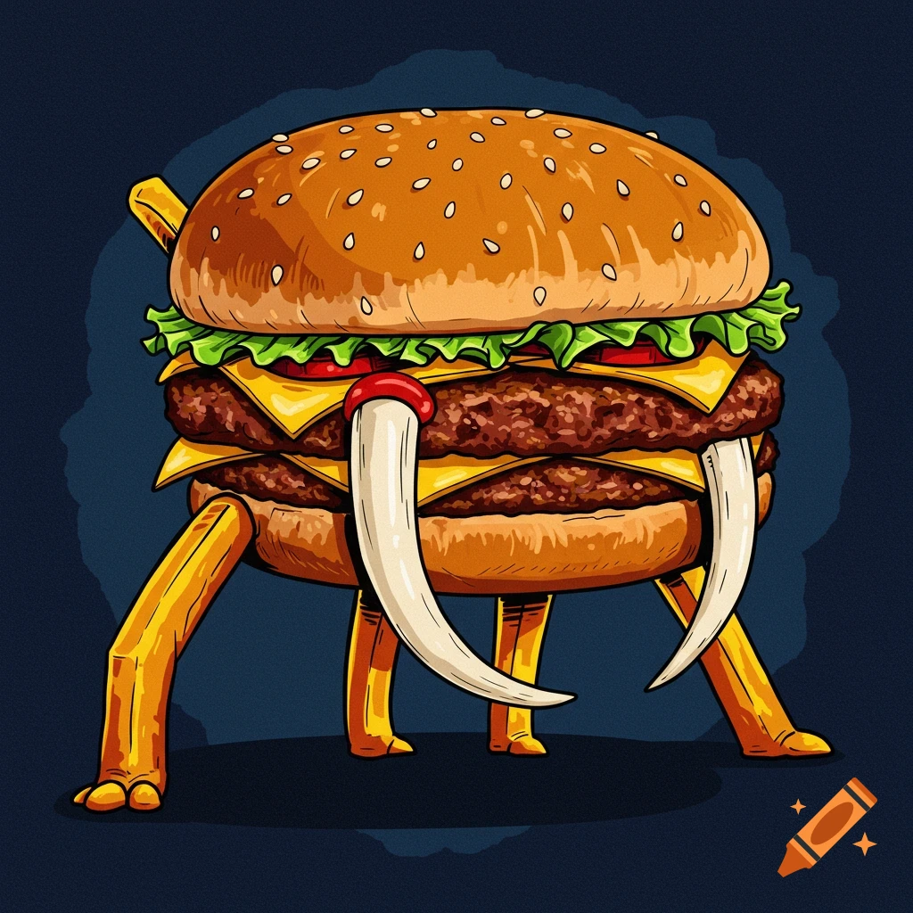 A cartoon burger with fries for legs and tusks