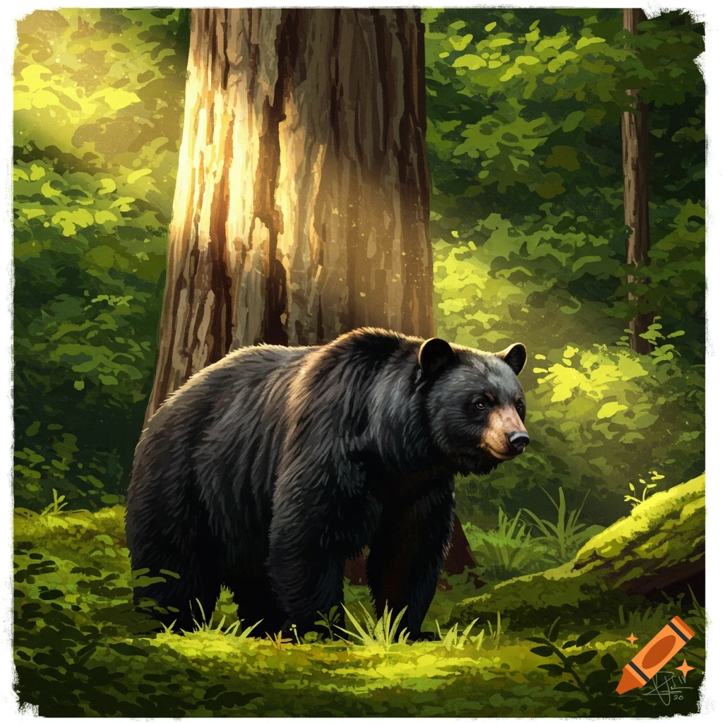 A black bear stands in a sunlit forest.