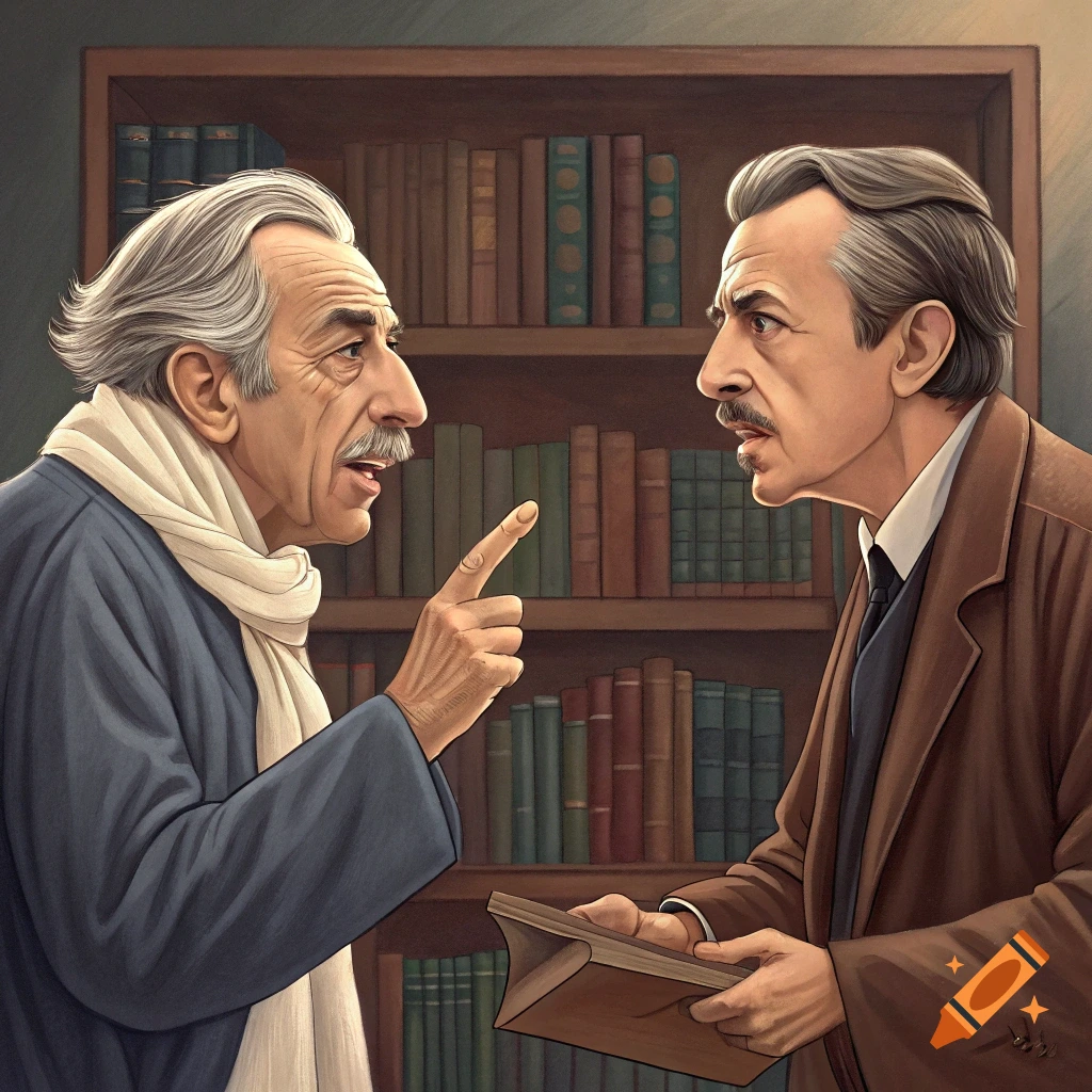 Two older men, likely philosophers, debating in front of a bookshelf in an illustrative style.