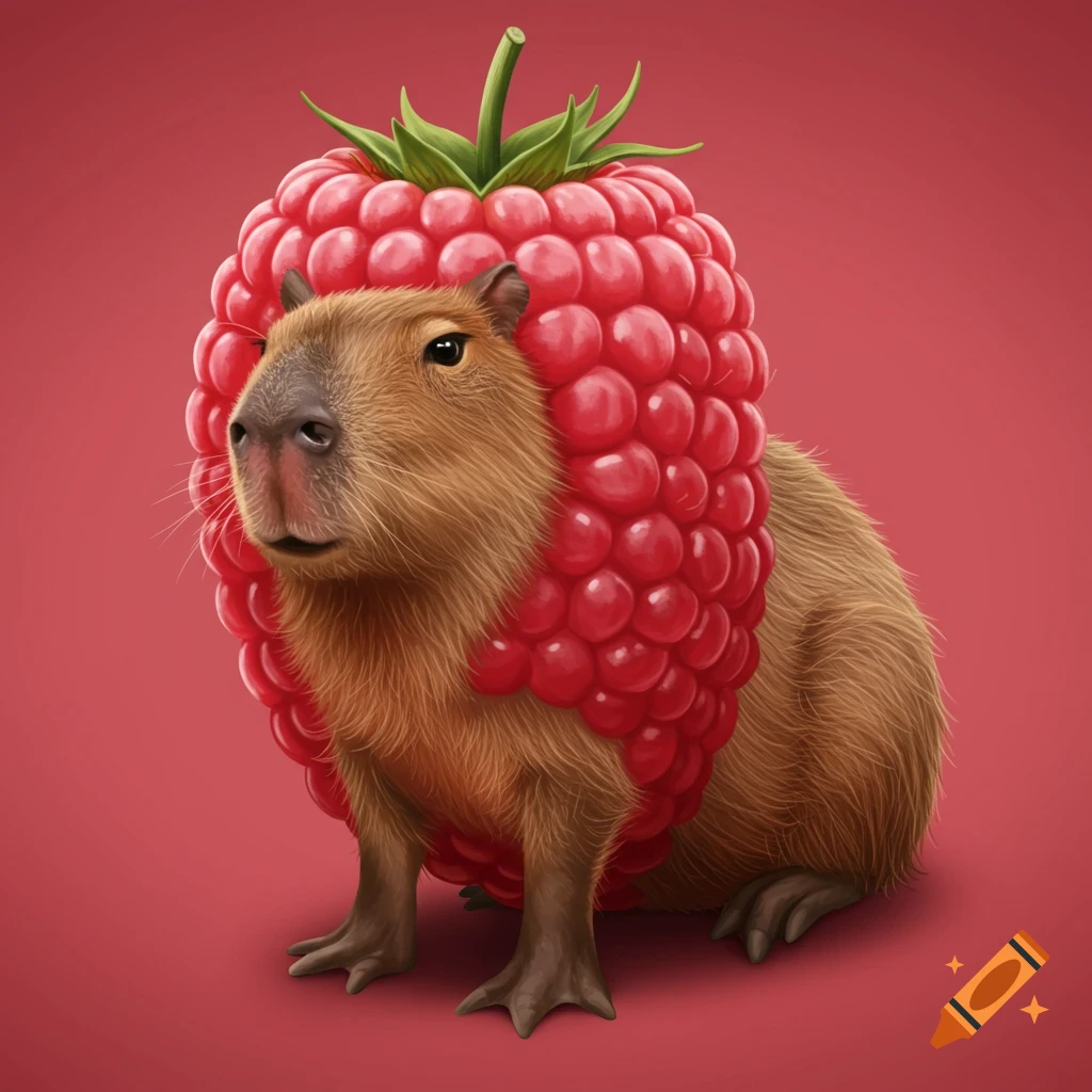 A capybara with a bright red raspberry body is depicted against a red background.