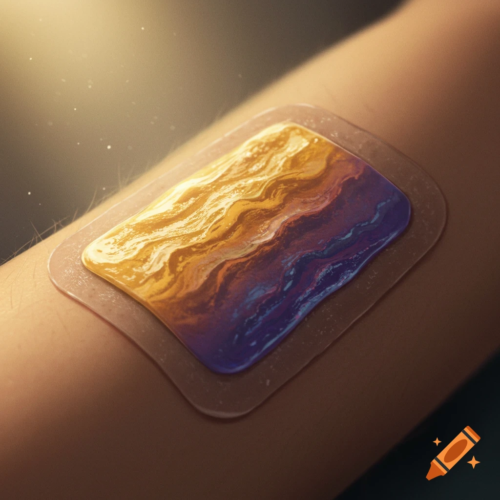 A close-up of a colorful, textured patch on a person's arm in a digital art style.