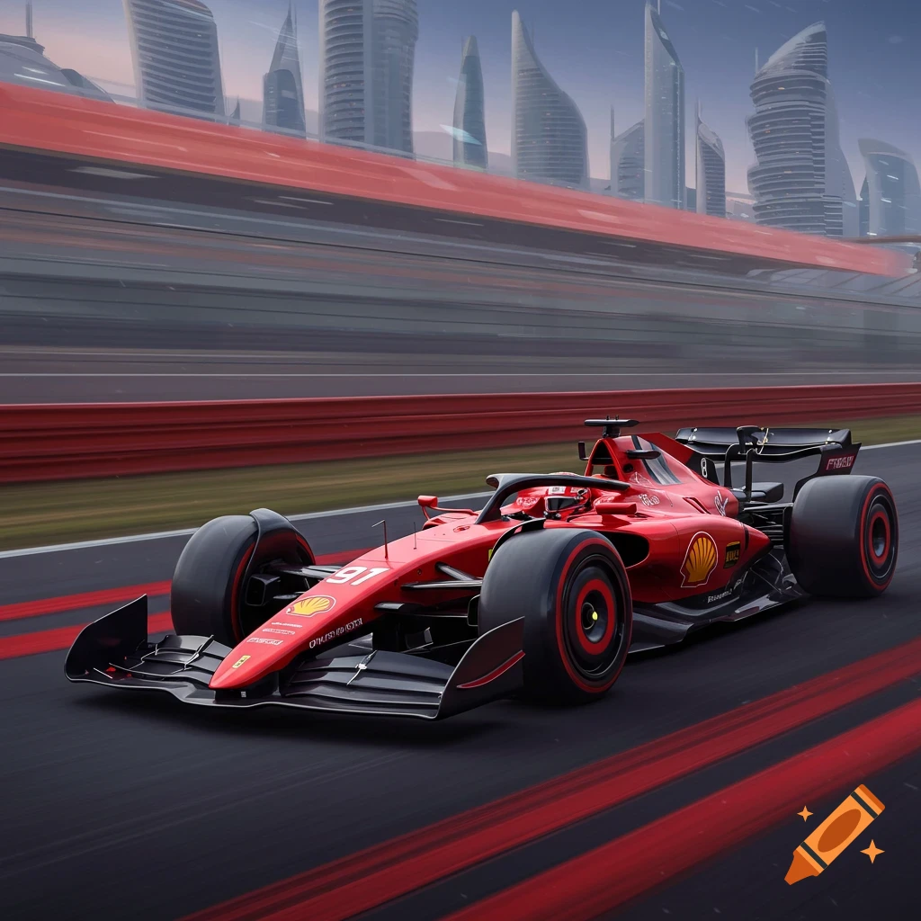 A red Formula 1 car races on a track with a blurred futuristic cityscape background.