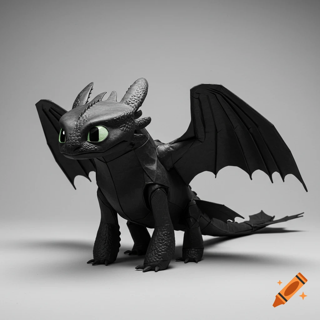 Origami figure of Toothless the black dragon standing on a grey background.