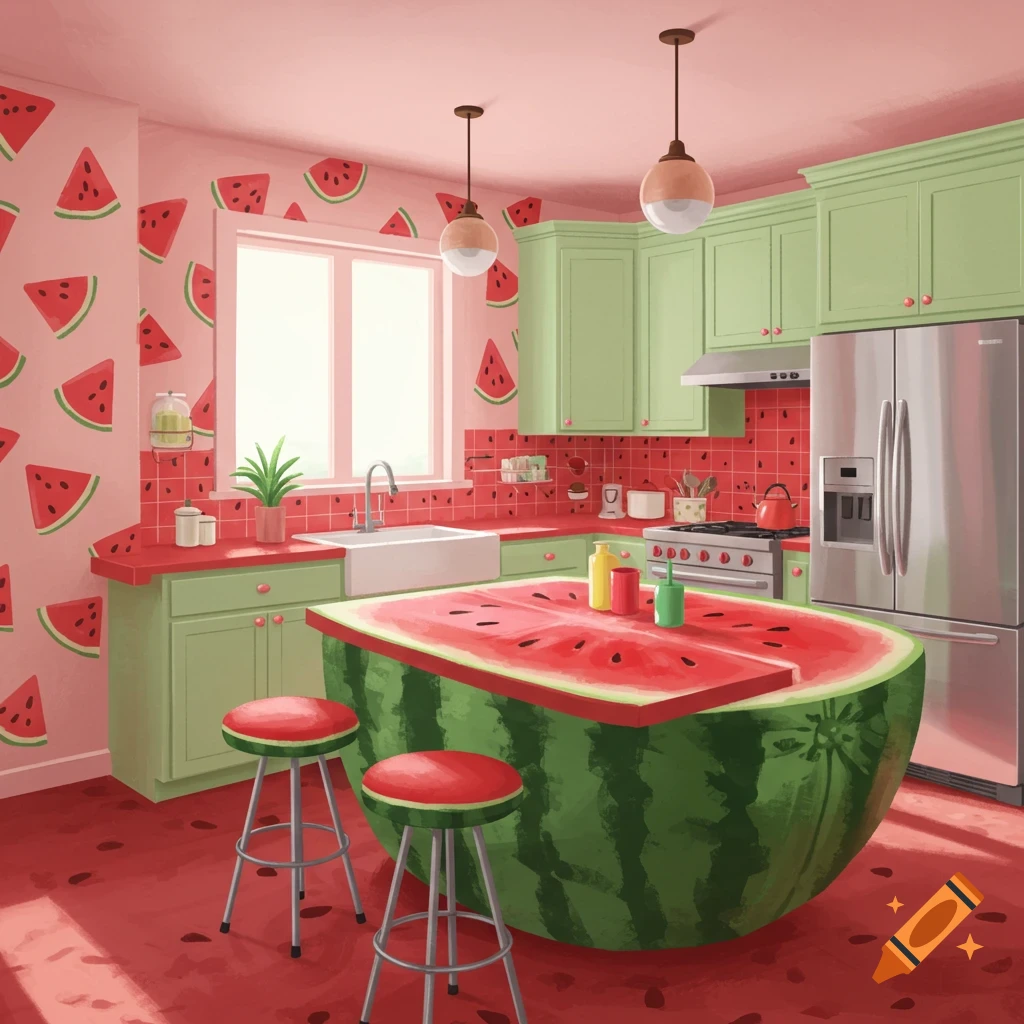 A kitchen with watermelon wallpaper, red tile, green cabinets, and a watermelon island.