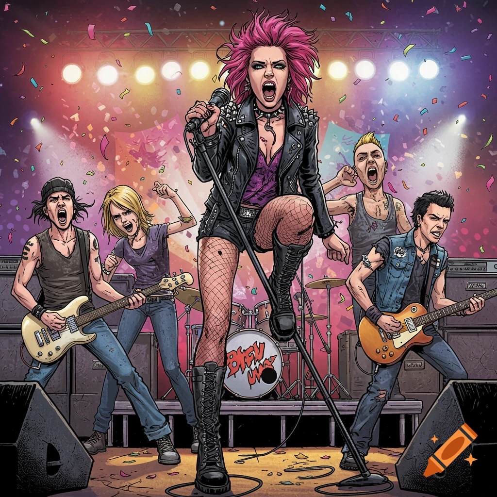 A cartoon-style illustration of a punk band performing on stage.