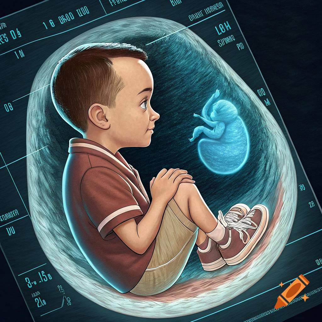 Illustration of a seated young boy looking at a glowing fetus figure within a medical scan visualization.
