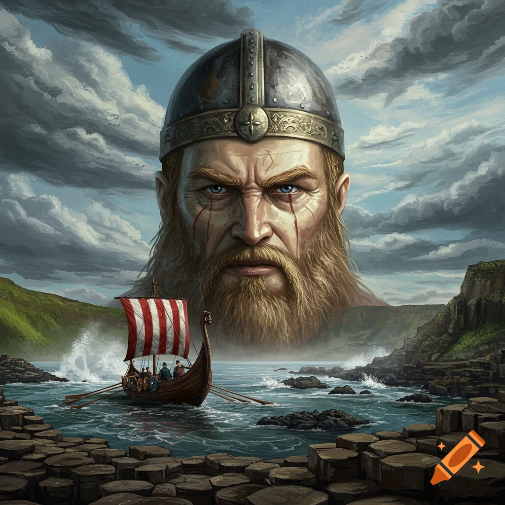 A giant Viking head looms over a longship sailing near rocky coastlines.