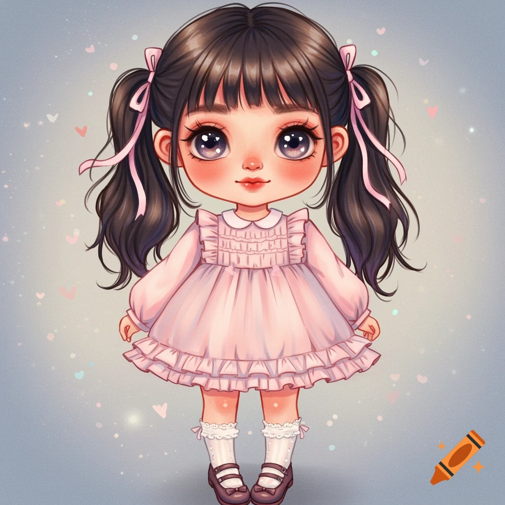 A cute young girl with pigtails in a pink dress and ruffled socks, in a whimsical style.