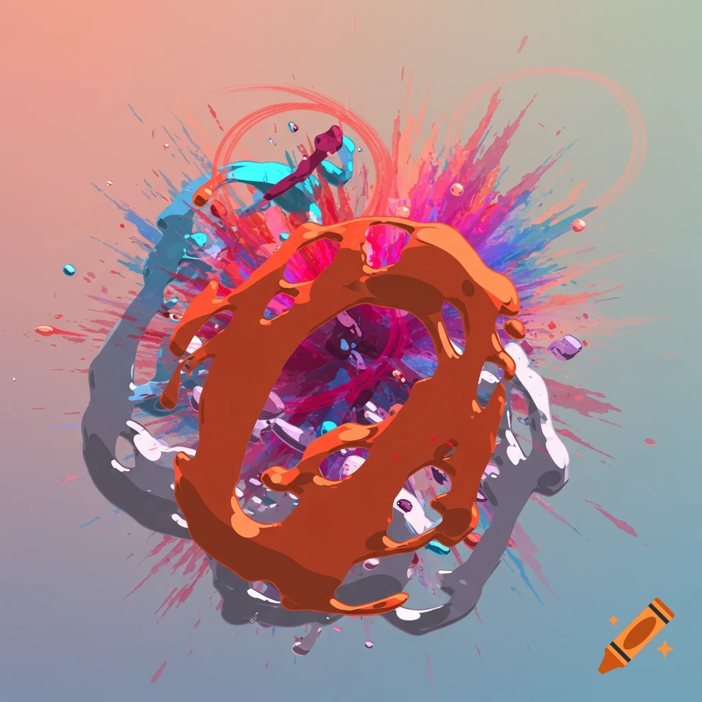 Abstract image of an orange blob shape surrounded by splatters of colorful paint.