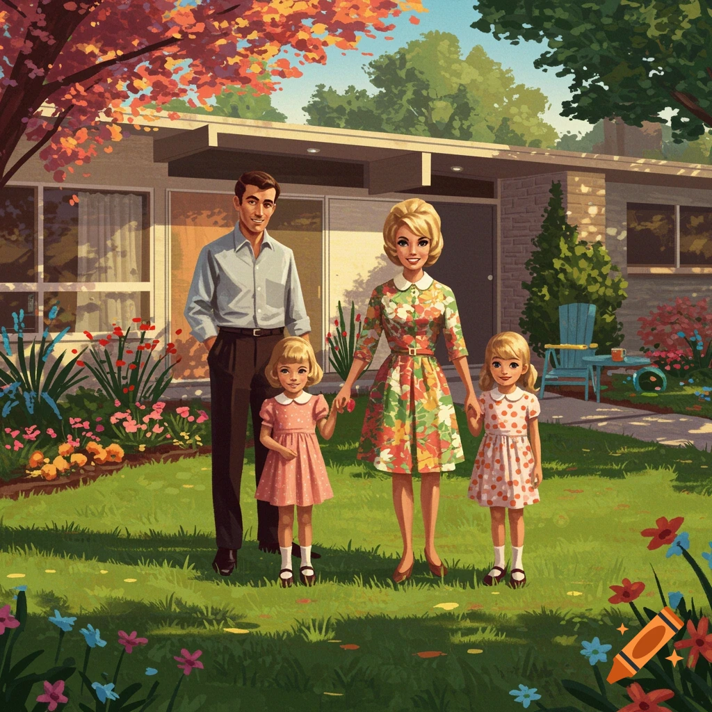 Retro style portrait of a 1960s family with two daughters standing on a lawn outside a suburban house.