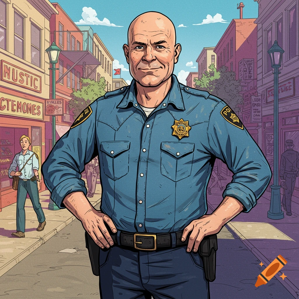 A bald police officer in a blue shirt stands on a city street with hands on hips.