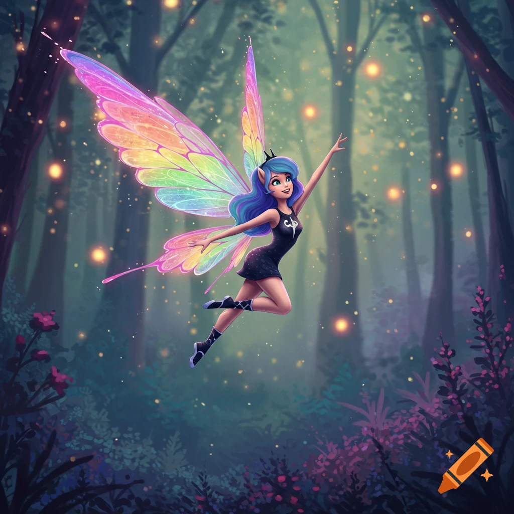 A fairy with rainbow wings flying through a glowing forest.