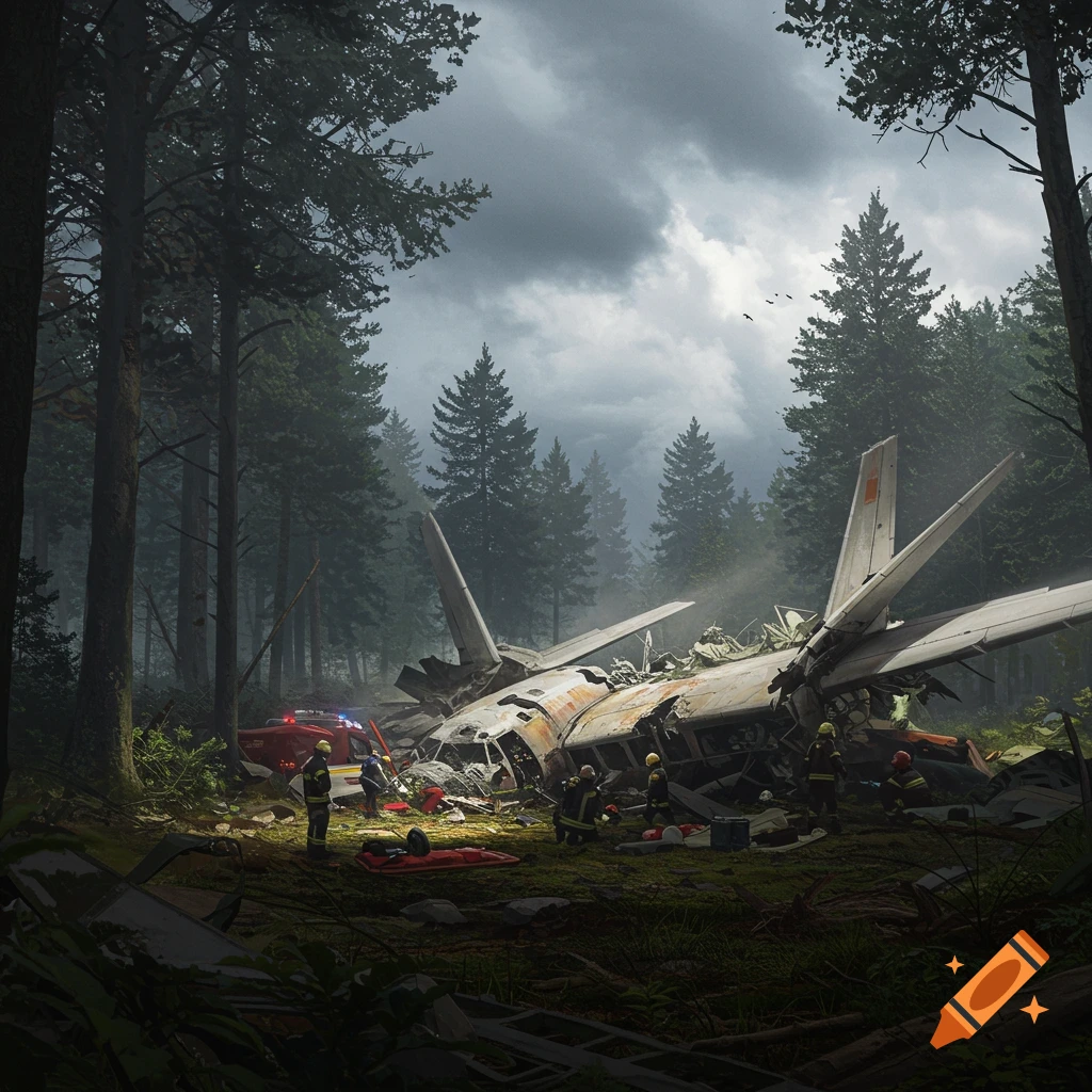 A crashed airplane in a forest with emergency responders