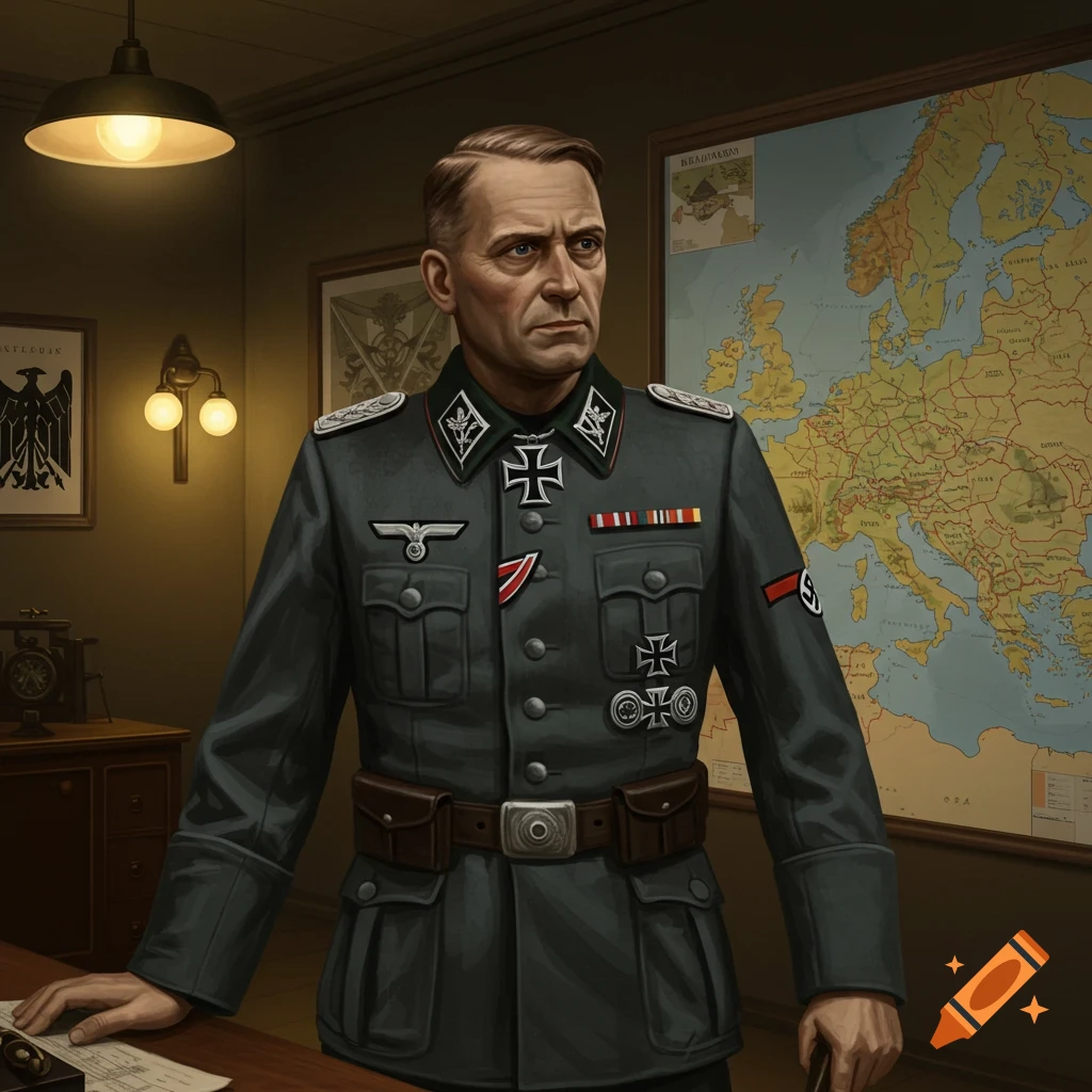 A WWII German general is standing in a room with a map.