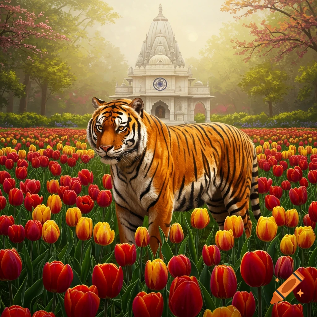 A tiger stands in a field of red and yellow tulips with a temple in the background.