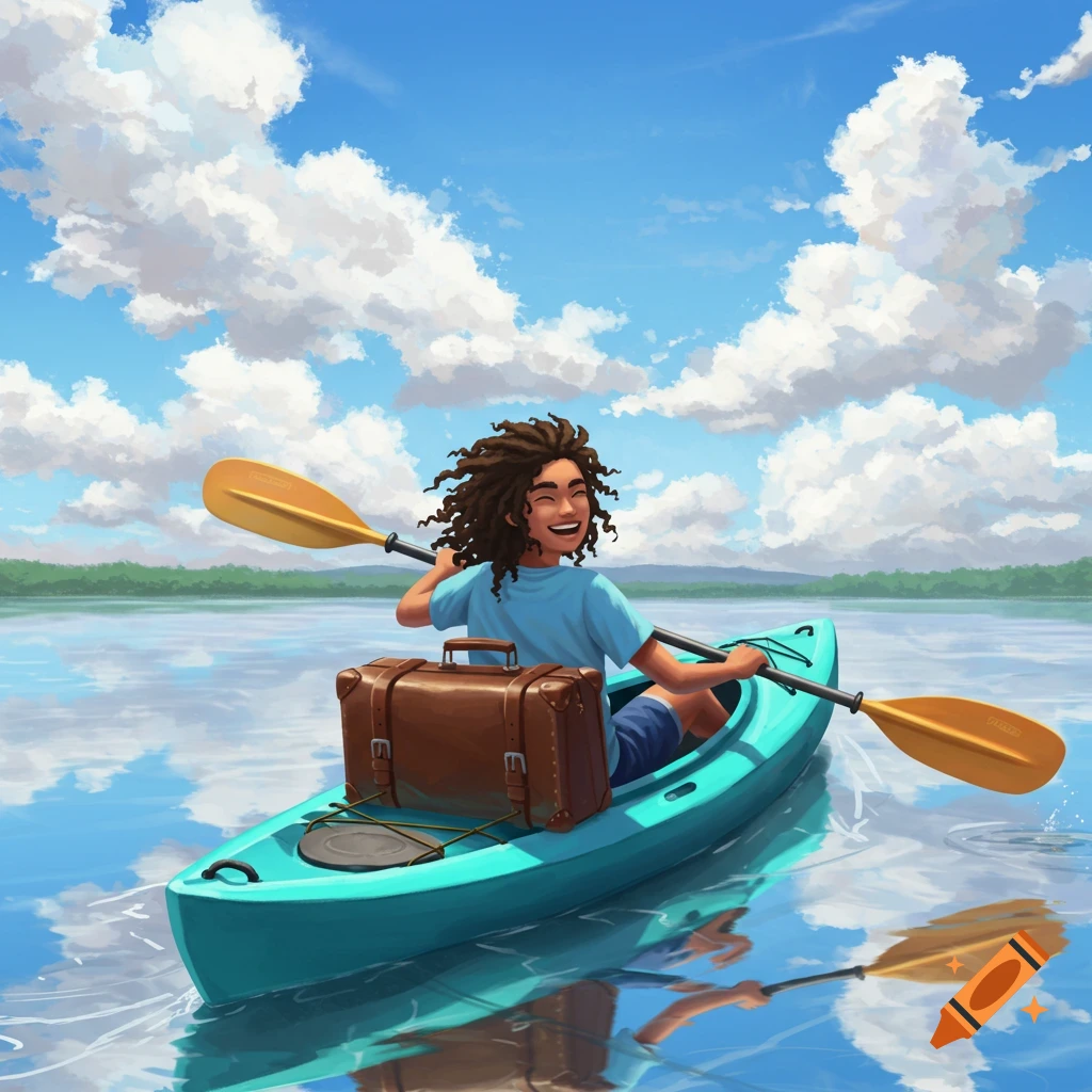 Person kayaking on a lake with a large suitcase on board under a cloudy sky.