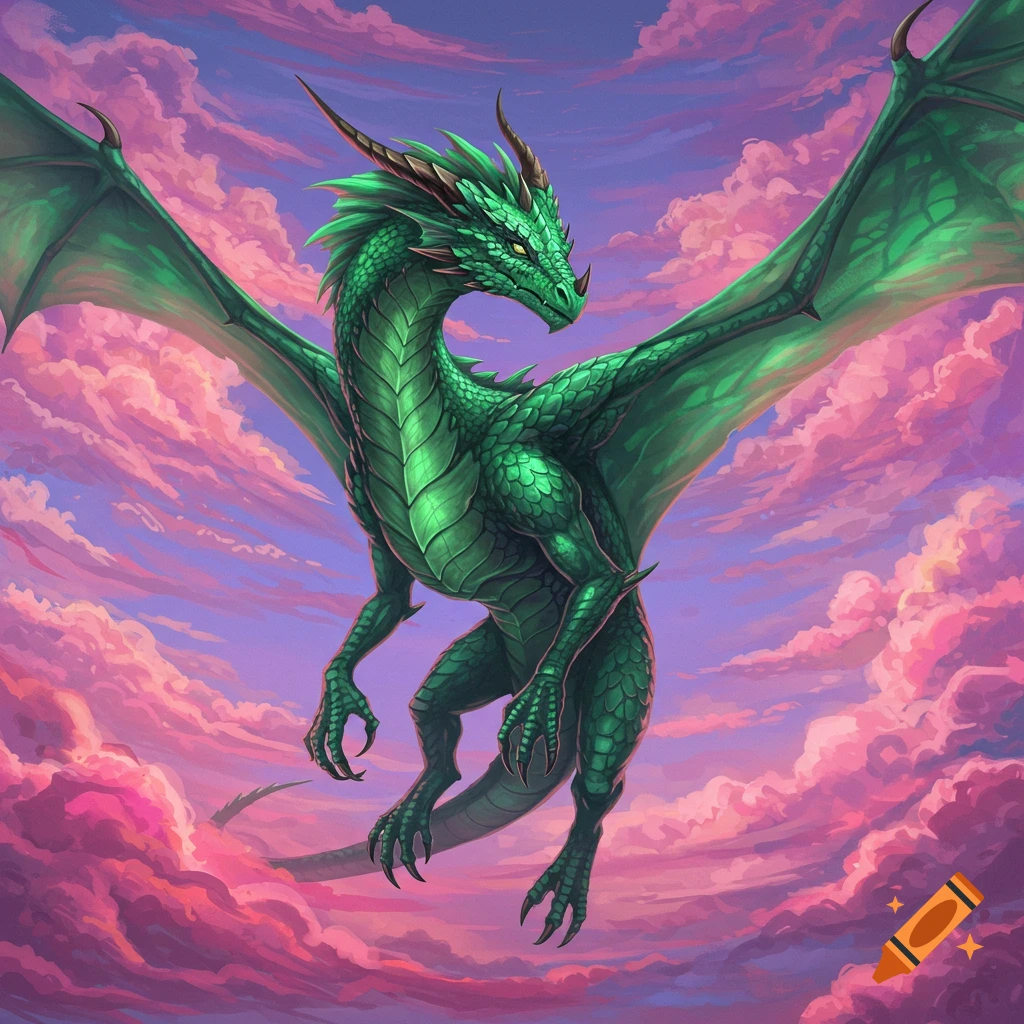 A green dragon flying through a pink and purple cloudy sky.