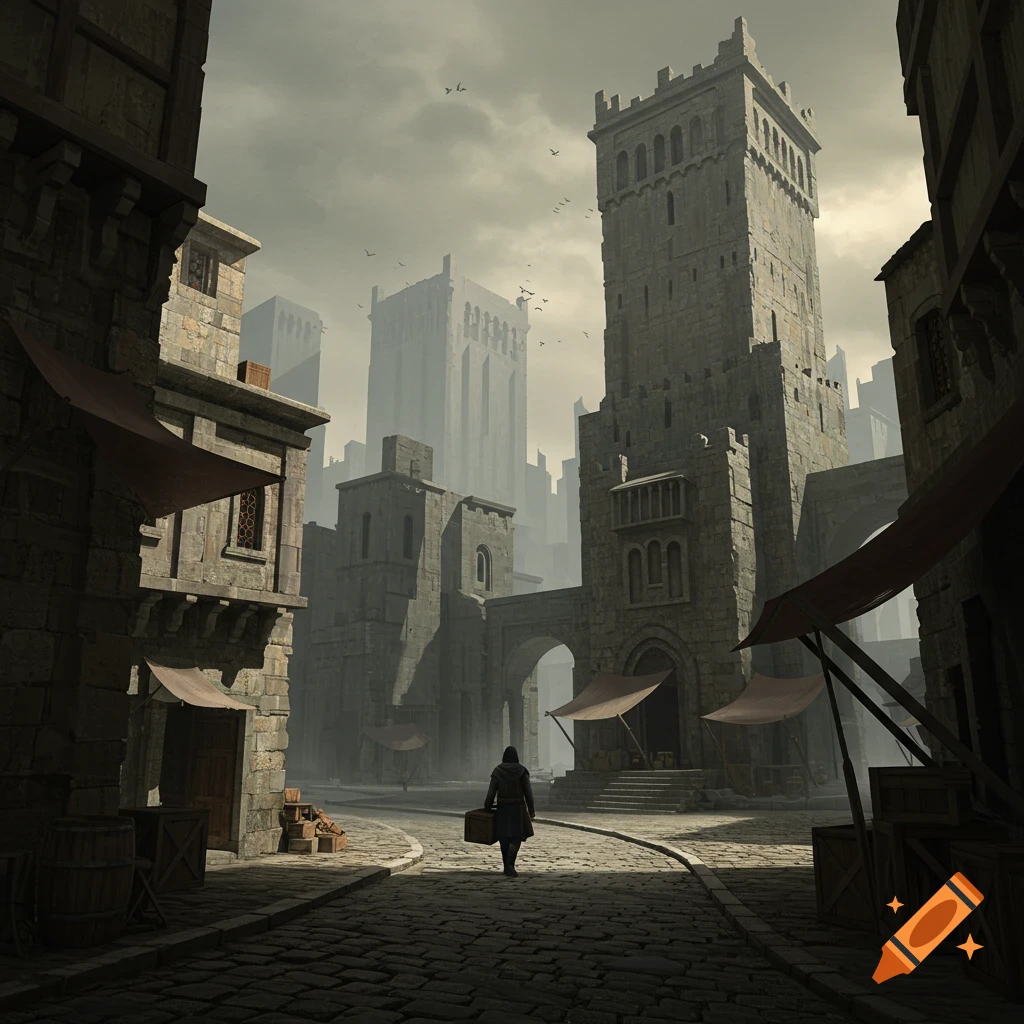 A figure walks down a cobblestone street lined with tall stone buildings in a misty medieval city.