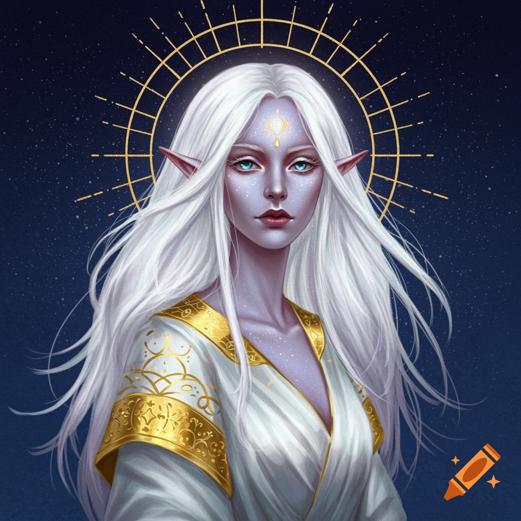 A fantasy woman with white hair, pale skin, blue eyes, golden halo, starry background.