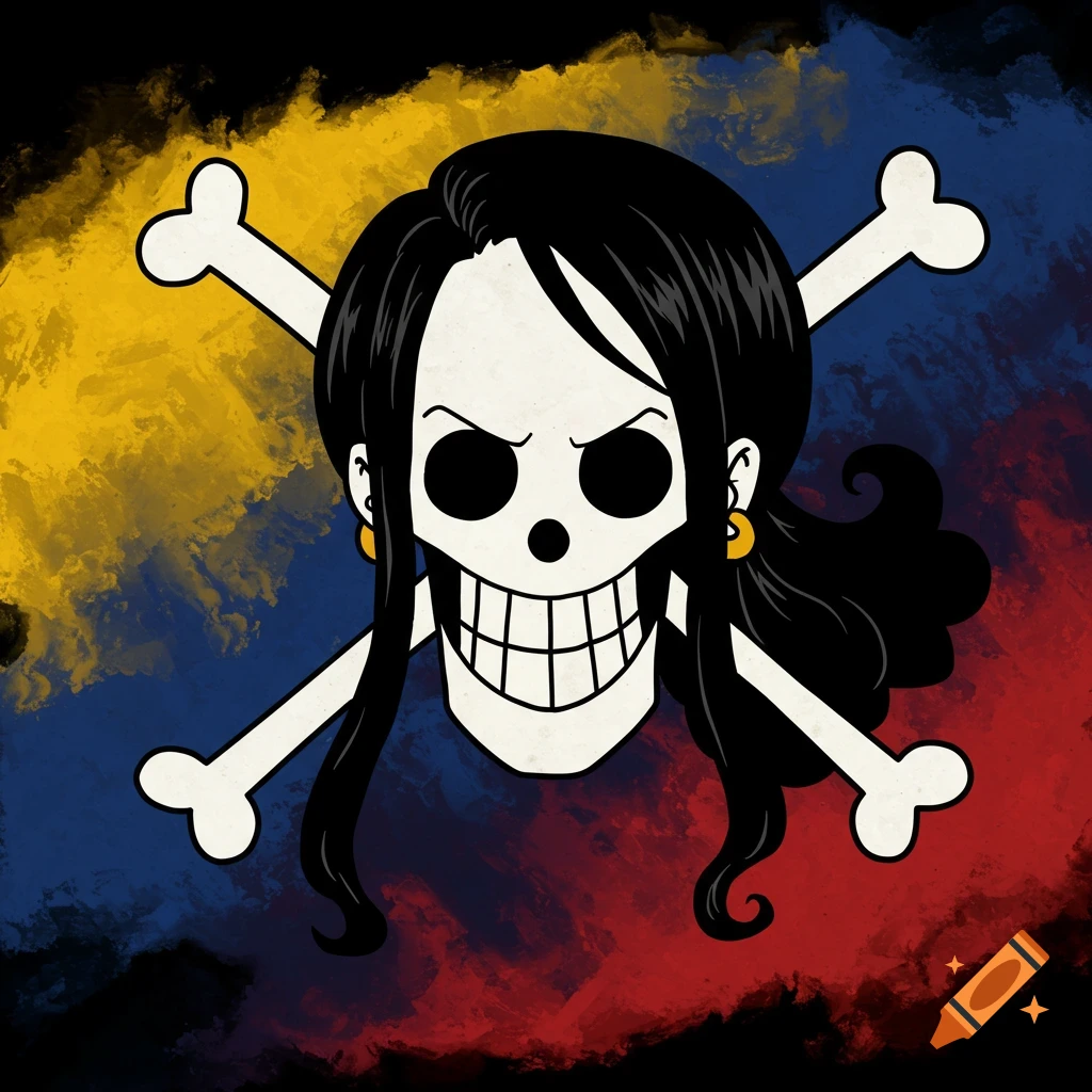 Stylized One Piece style jolly roger with female hair and earrings against a red, yellow, and blue brushstroke background.