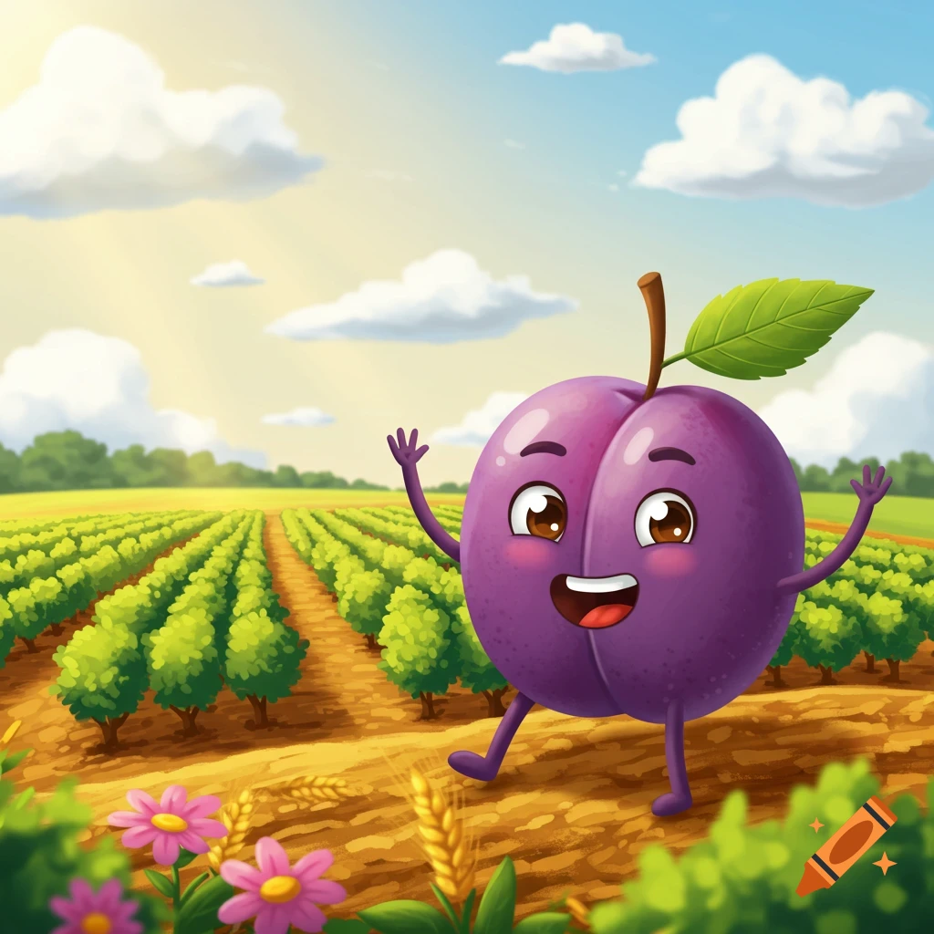 A cheerful cartoon plum character runs in a sunny farm field.