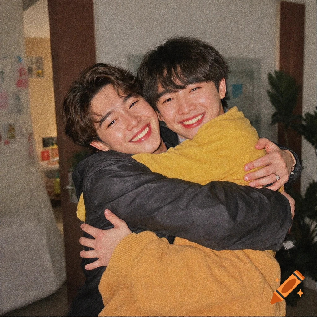 Two young men smile widely while hugging each other tightly.