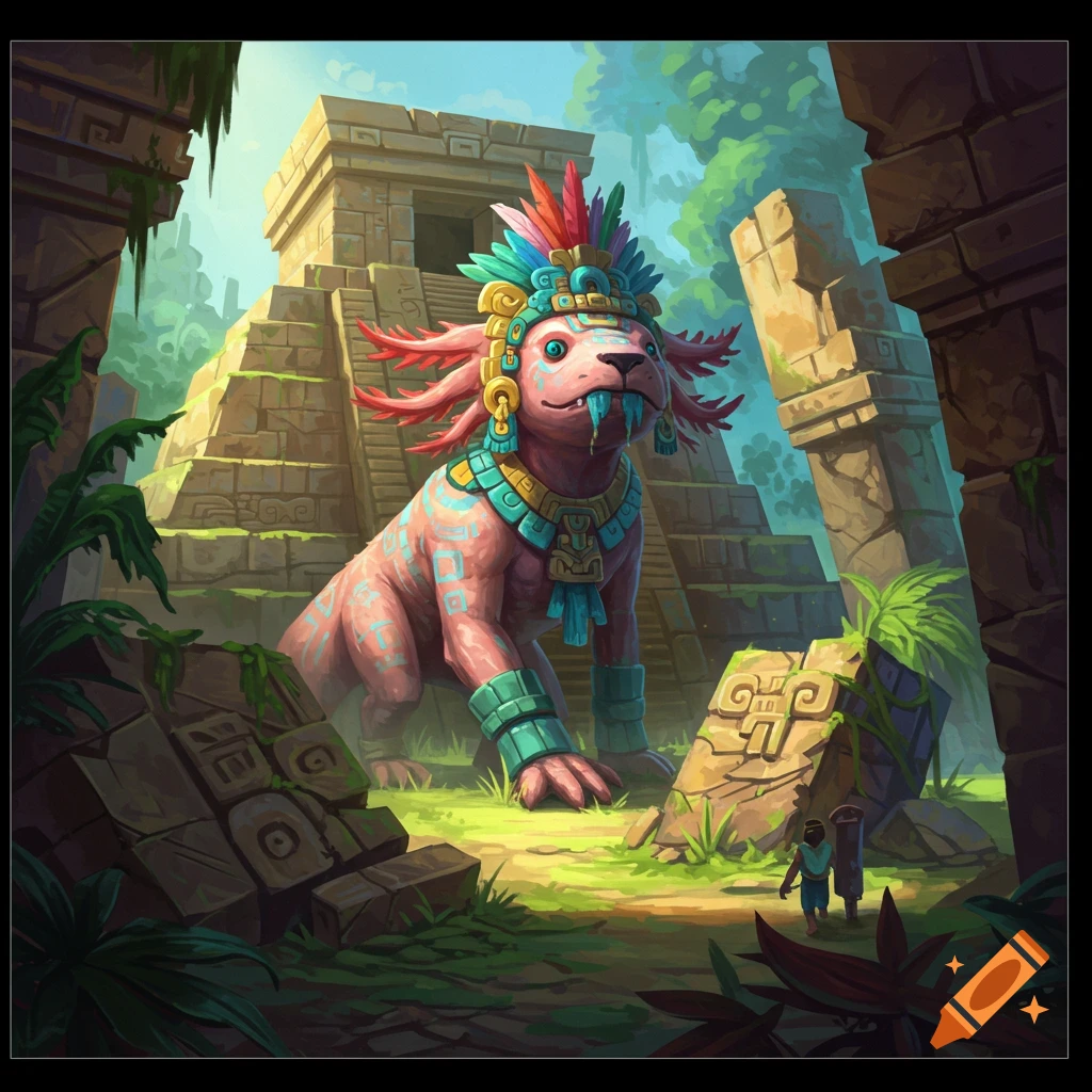 A large, colorful creature with a feathered headdress stands before ancient temple ruins.