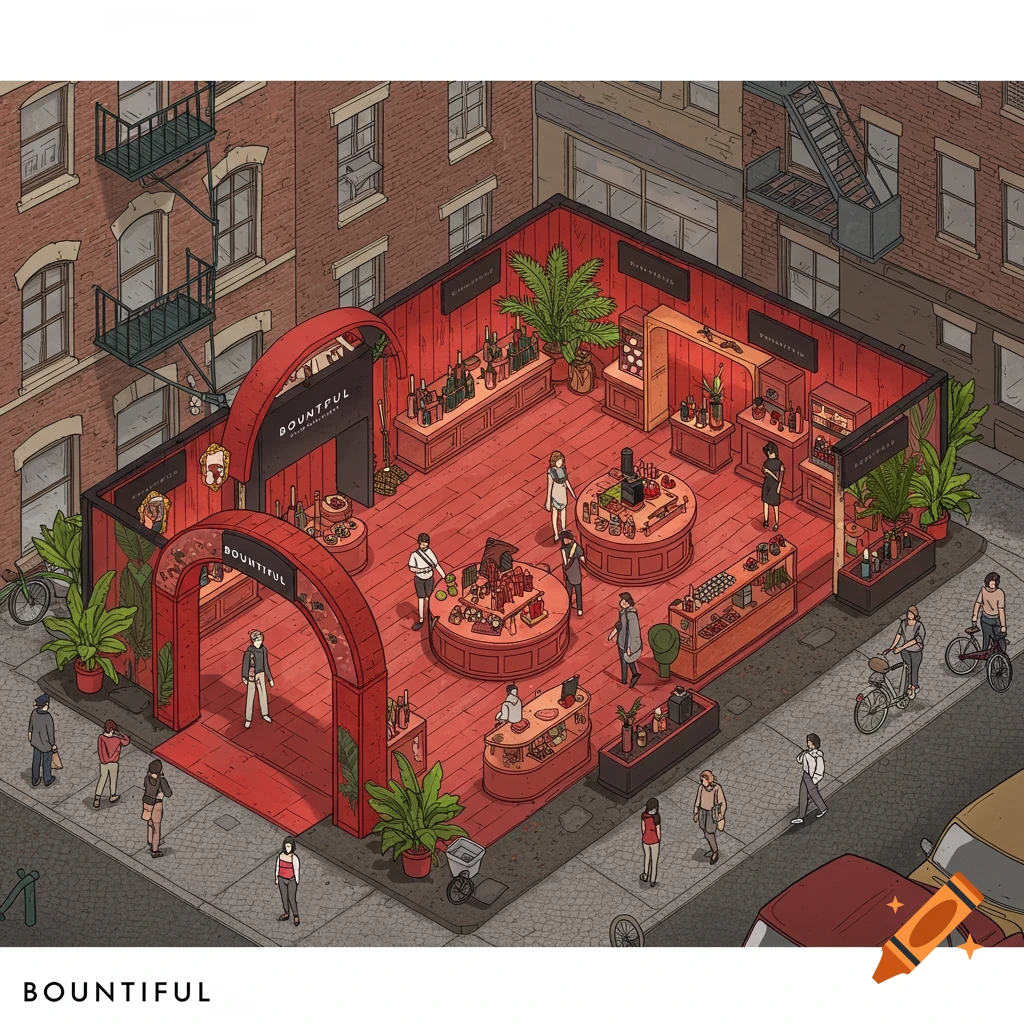 Isometric illustration of a Bountiful pop-up store on a city street.