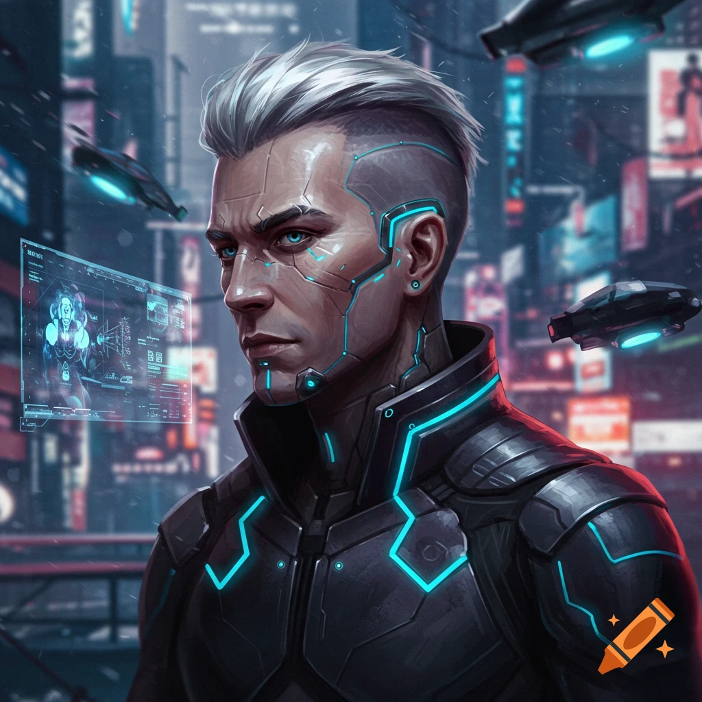 A futuristic man with cybernetic implants is in a cyberpunk city.