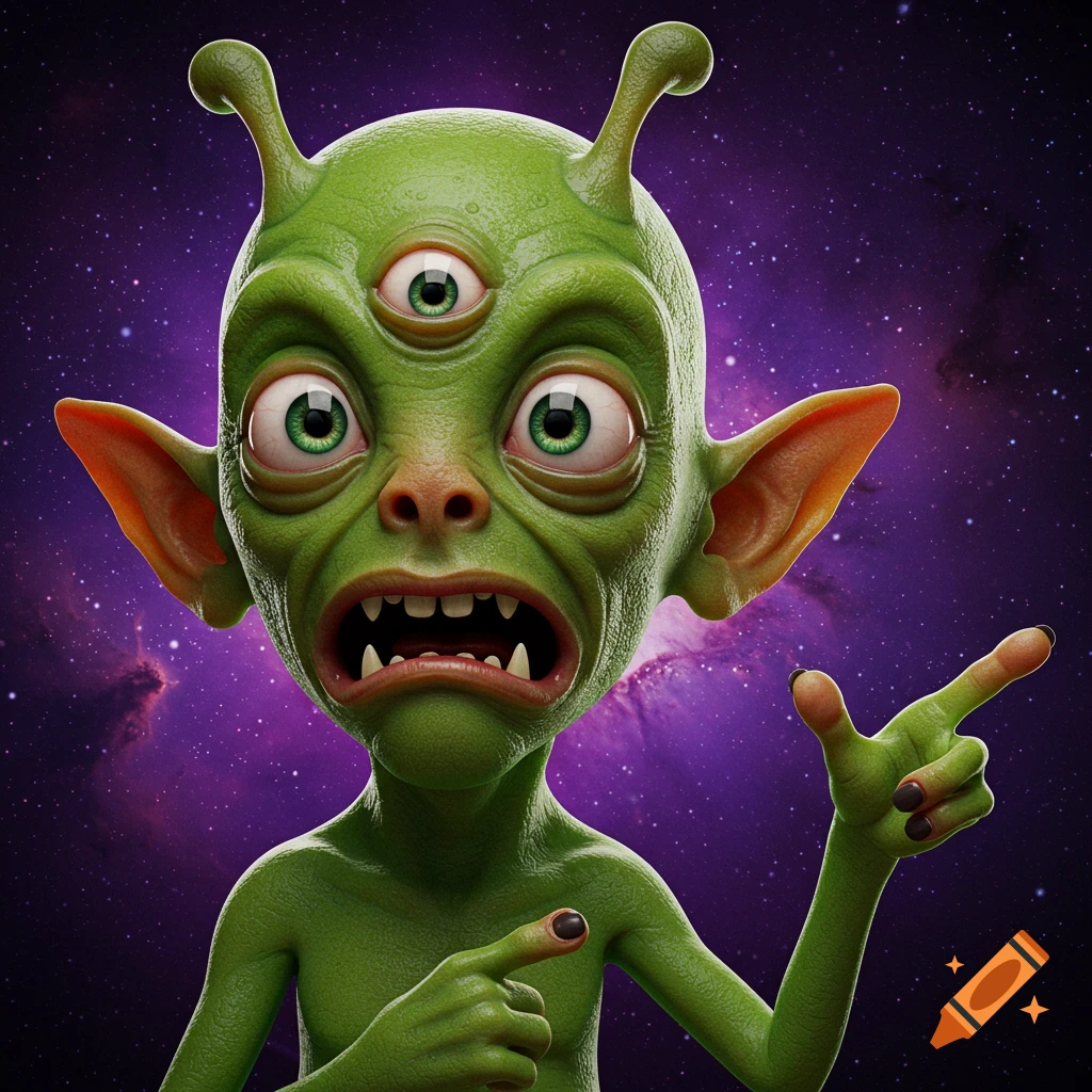 Green alien with three eyes and shocked expression pointing, against a starry purple space background.