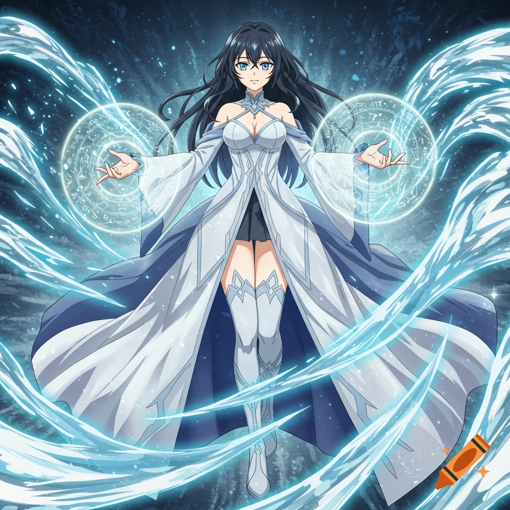 An anime woman with long black hair and a white and blue dress casting magic with glowing runes and water waves.