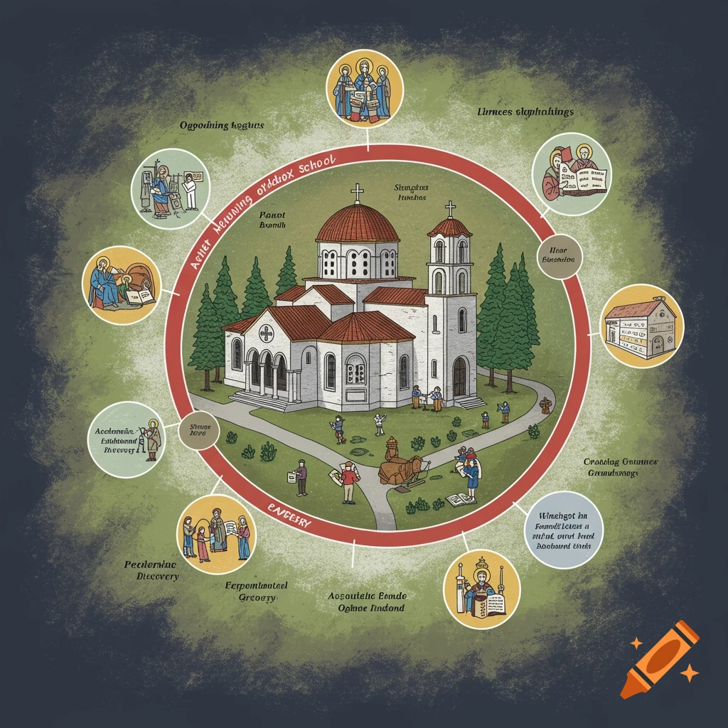 An illustrated diagram centered on a Greek Orthodox church, surrounded by smaller scenes depicting people and activities, with text labels.